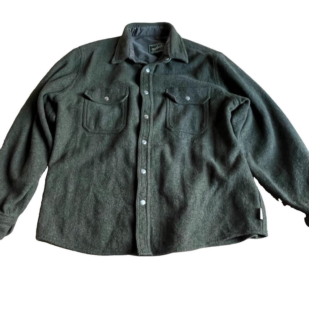 Woolrich Wool Blend Shirt Jacket Mens XL Olive Green Snap Front Missing Snap
